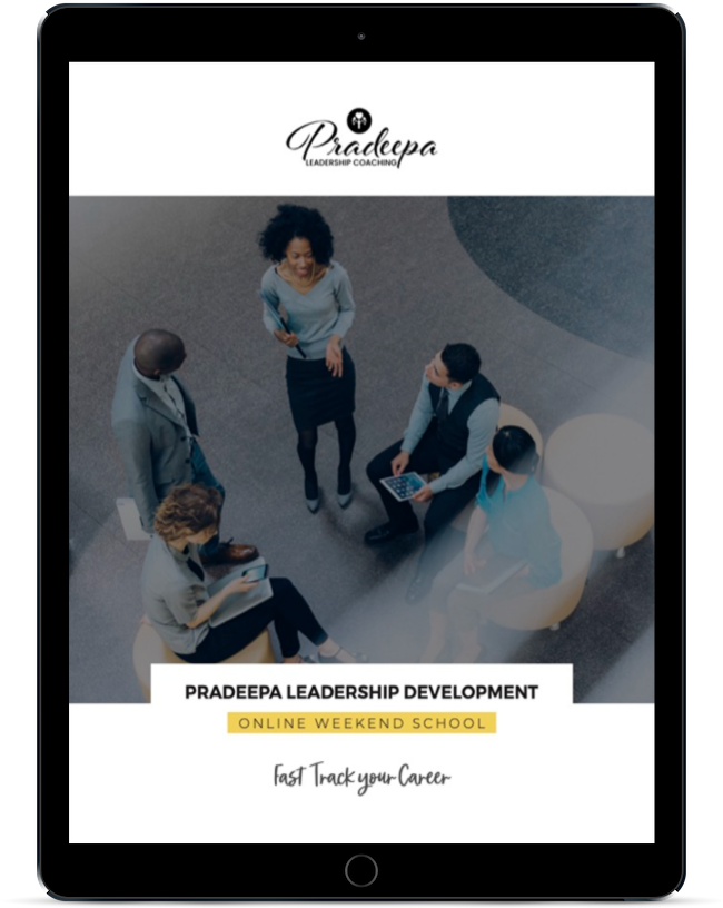 pradeepa leadership development school brochure showing on an ipad